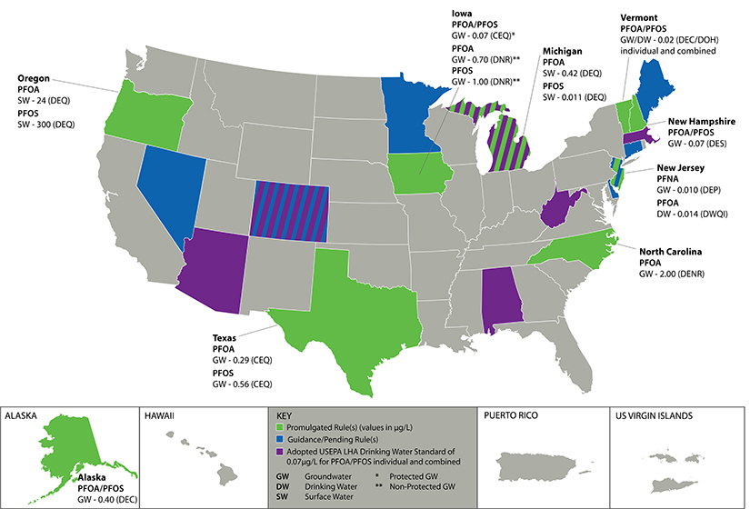 PFAS Regulatory Status Map as of January 11, 2018