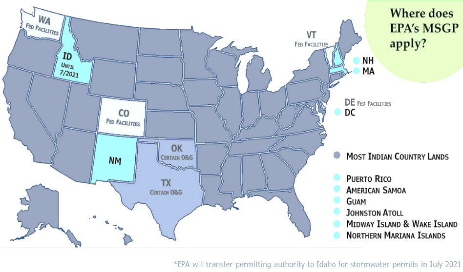 map showing where EPA's MSGP applies