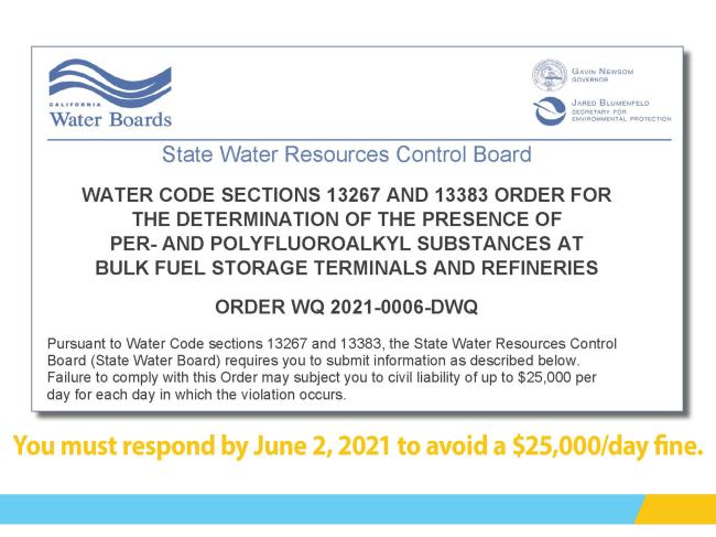 California Water Board notice bulk fuel storage terminals